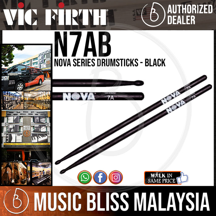 Vic Firth Nova Series USA Hickory Drumsticks - 7A - Wood Tip - Black (N7AB) - Music Bliss Malaysia