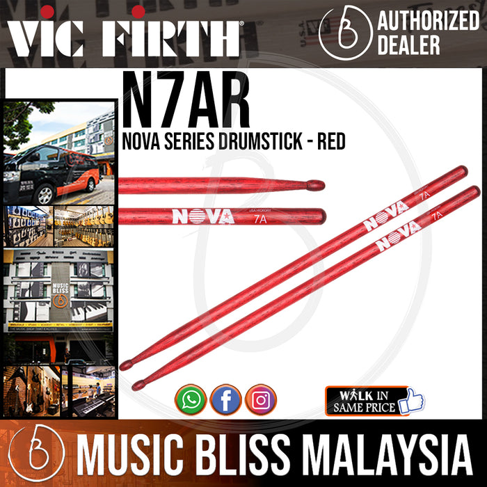 Vic Firth Nova Series USA Hickory Drumsticks - 7A - Wood Tip - Red (N7AR) - Music Bliss Malaysia