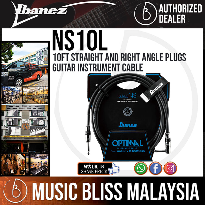 Ibanez NS10L 10ft Straight and Right Angle Plugs Guitar Instrument Cable (NS-10L / NS 10L) - Music Bliss Malaysia