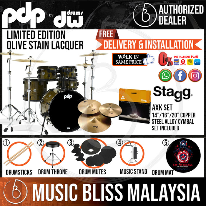 PDP by DW Limited Edition 5-piece Shell Pack with STAGG Cymbal Set - Olive Stain Lacquer - Music Bliss Malaysia