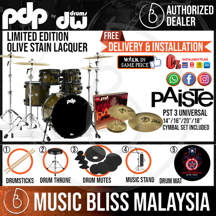 PDP by DW Limited Edition 5-piece Shell Pack with PAISTE PST 3 Cymbal Set - Olive Stain Lacquer - Music Bliss Malaysia