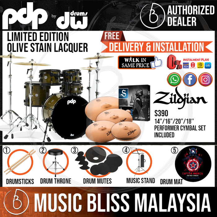 PDP by DW Limited Edition 5-piece Shell Pack with ZILDJIAN S390 Cymbal Set - Olive Stain Lacquer - Music Bliss Malaysia