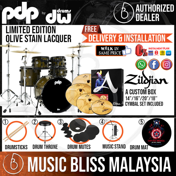 PDP by DW Limited Edition 5-piece Shell Pack with ZILDJIAN A Custom Cymbal Set - Olive Stain Lacquer - Music Bliss Malaysia