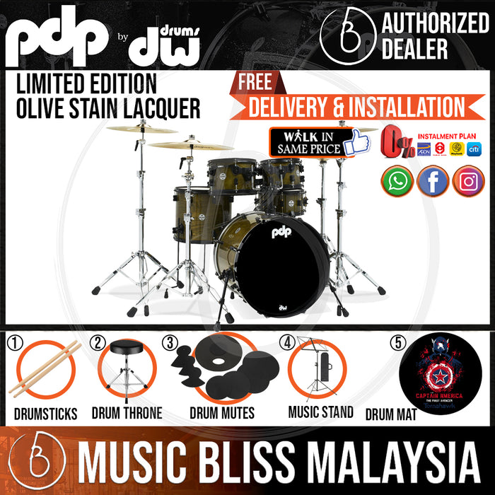 PDP by DW Limited Edition 5-piece Shell Pack - Olive Stain Lacquer - Music Bliss Malaysia