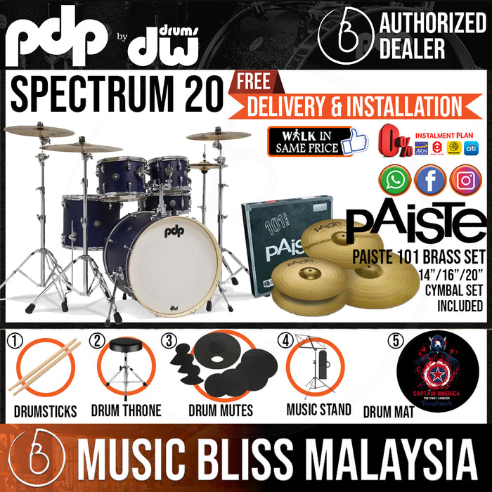 PDP by DW Spectrum Series 5-piece Shell Pack with PAISTE 101 Cymbal Set - 20" Kick - Music Bliss Malaysia