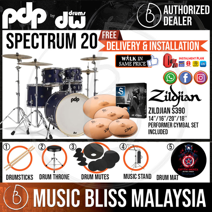 PDP by DW Spectrum Series 5-piece Shell Pack with ZILDJIAN S390 Cymbal Set - 20" Kick - Music Bliss Malaysia