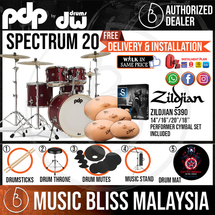 PDP by DW Spectrum Series 5-piece Shell Pack with ZILDJIAN S390 Cymbal Set - 20" Kick - Music Bliss Malaysia