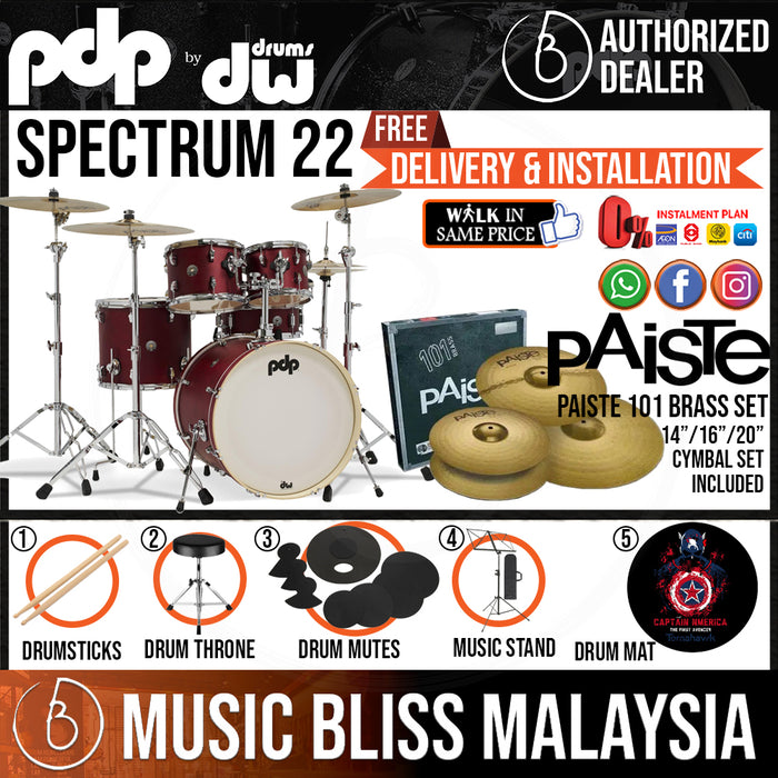 PDP by DW Spectrum Series 5-piece Shell Pack with PAISTE 101 Cymbal Set - 22" Kick - Music Bliss Malaysia