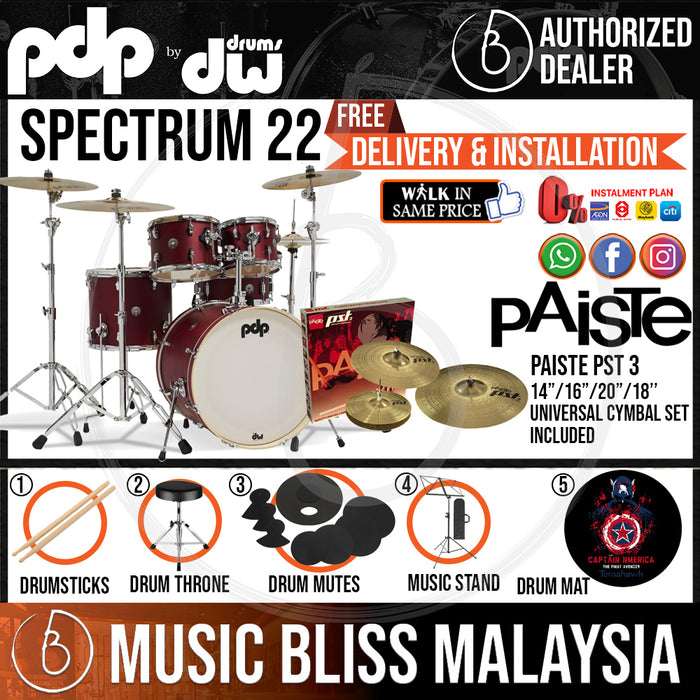 PDP by DW Spectrum Series 5-piece Shell Pack with PAISTE PST 3 Cymbal Set - 22" Kick - Music Bliss Malaysia