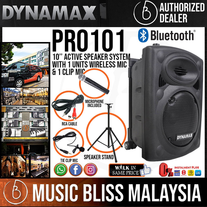 Dynamax PRO101CF 10" Active Speaker with USB, Bluetooth, 1 Handheld Microphone and 1 Clip Mic (PRO101) - Music Bliss Malaysia