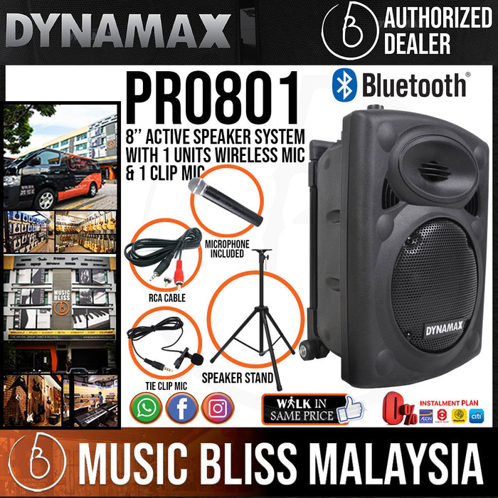 Dynamax PRO801CF 8" Active Speaker with USB, Bluetooth, 1 Handheld Microphone and 1 Clip Mic (PRO801) - Music Bliss Malaysia