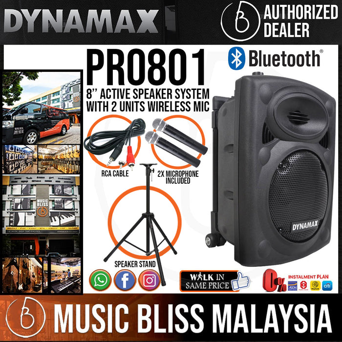 Dynamax PRO801C 8" Active Speaker with USB, Bluetooth and 2 x Handheld Microphone (PRO801) - Music Bliss Malaysia