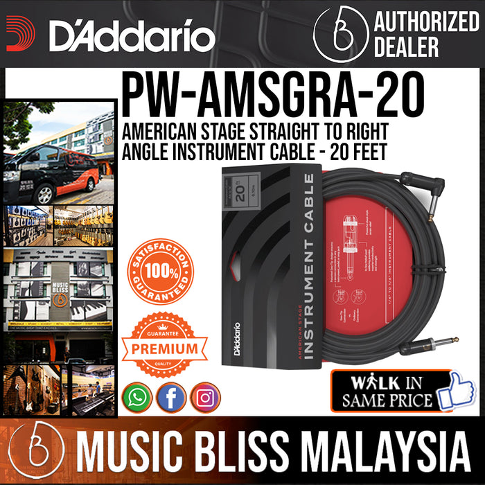 D'Addario PW-AMSGRA-20 American Stage Straight to Right Angle Instrument Cable - 20 feet - Music Bliss Malaysia