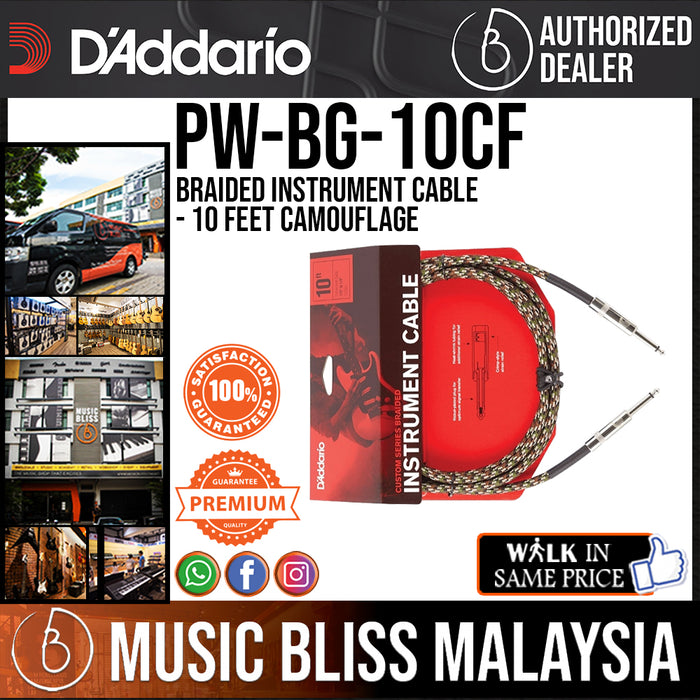 D'Addario PW-BG-10CF Braided Instrument Cable - 10 feet Camouflage - Music Bliss Malaysia