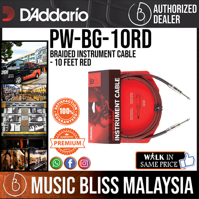 D'Addario PW-BG-10RD Braided Instrument Cable - 10 feet Red - Music Bliss Malaysia