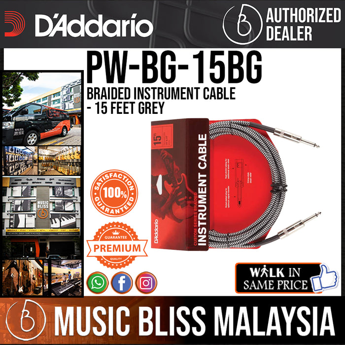 D'Addario PW-BG-15BG Braided Straight to Straight Instrument Cable - 15 foot Grey - Music Bliss Malaysia