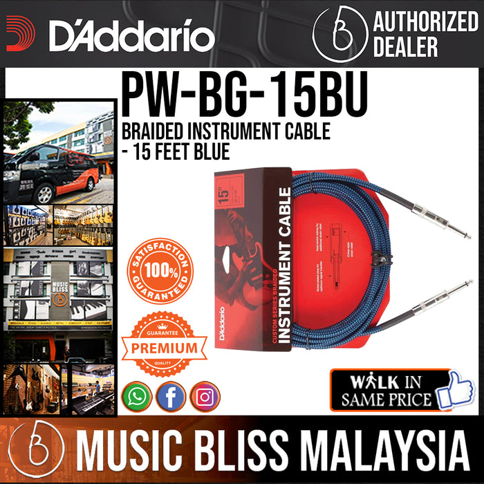 D'Addario PW-BG-15BU Braided Instrument Cable - 15 feet Blue - Music Bliss Malaysia