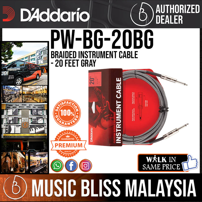 D'Addario PW-BG-20BG Braided Straight to Straight Instrument Cable - 20 foot Grey - Music Bliss Malaysia