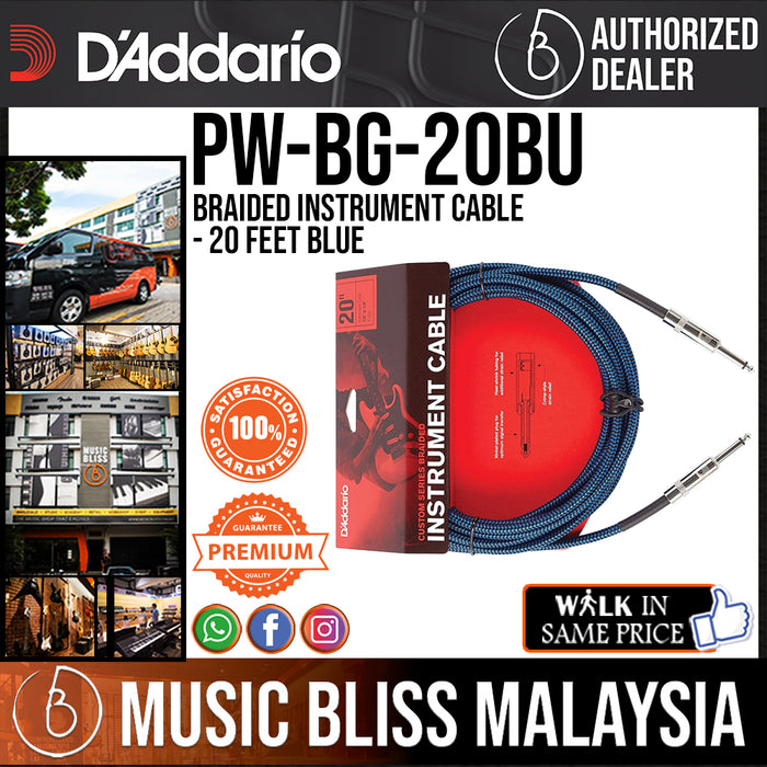 D'Addario PW-BG-20BU Braided Instrument Cable - 20 feet Blue - Music Bliss Malaysia