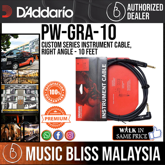 D'Addario PW-GRA-10 Custom Series Instrument Cable, Right Angle - 10 feet - Music Bliss Malaysia