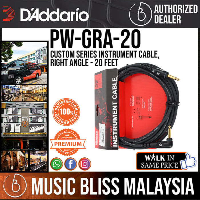 D'Addario PW-GRA-20 Custom Series Instrument Cable, Right Angle - 20 feet - Music Bliss Malaysia
