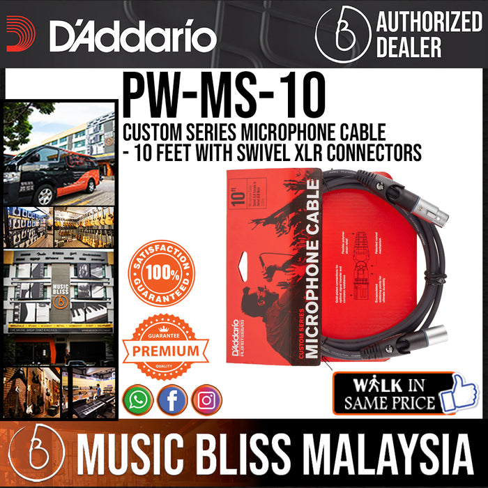 D'Addario PW-MS-10 Custom Series Microphone Cable - 10 feet with Swivel XLR Connectors - Music Bliss Malaysia
