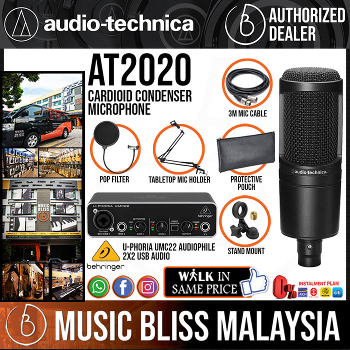 Audio Technica AT2020 Condenser Microphone with Behringer U-Phoria UMC22 Audiophile 2x2 USB Audio Interface, Mic Holder, Pop Filter and Cable - Music Bliss Malaysia