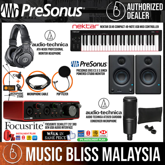 Full Recording Studio Set/Bundle: Focusrite Scarlett 2i2 3rd Gen with AT2020 Microphone, M30X Headphone, Eris E3.5 Studio Monitors, SE49 MIDI Controller, Mic Stand, Pop Filter and XLR Cable - Music Bliss Malaysia