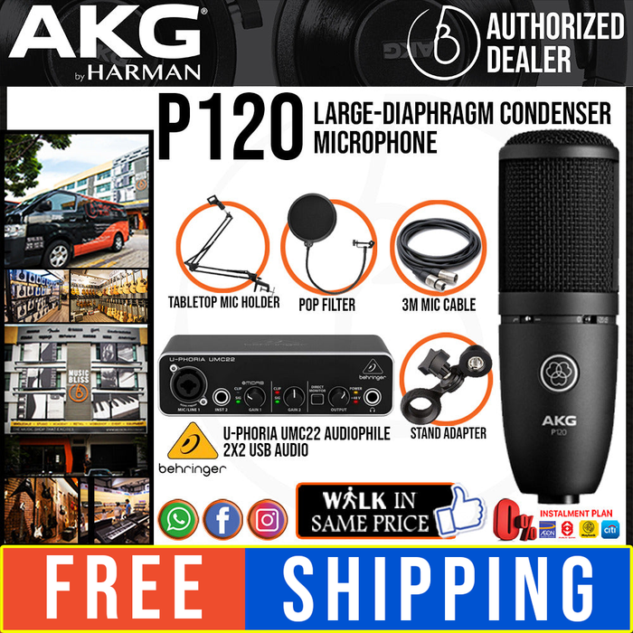 AKG P120 Large-Diaphragm Condenser Microphone with Behringer U-Phoria UMC22 Audiophile 2x2 USB Audio Interface, Mic Holder, Pop Filter and Cable - Music Bliss Malaysia