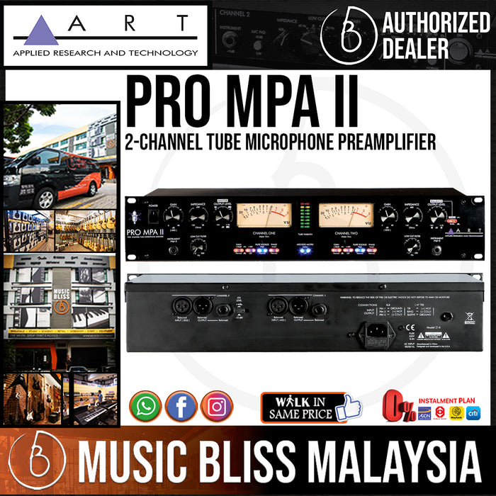 ART Pro MPA II 2-channel Tube Microphone Preamplifier with 48V Phantom Power and VU Metering - Music Bliss Malaysia