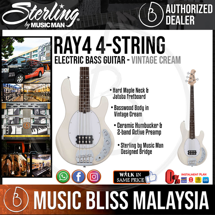 Sterling Ray4 4-String Electric Bass Guitar - Vintage Cream (Ray-4) - Music Bliss Malaysia