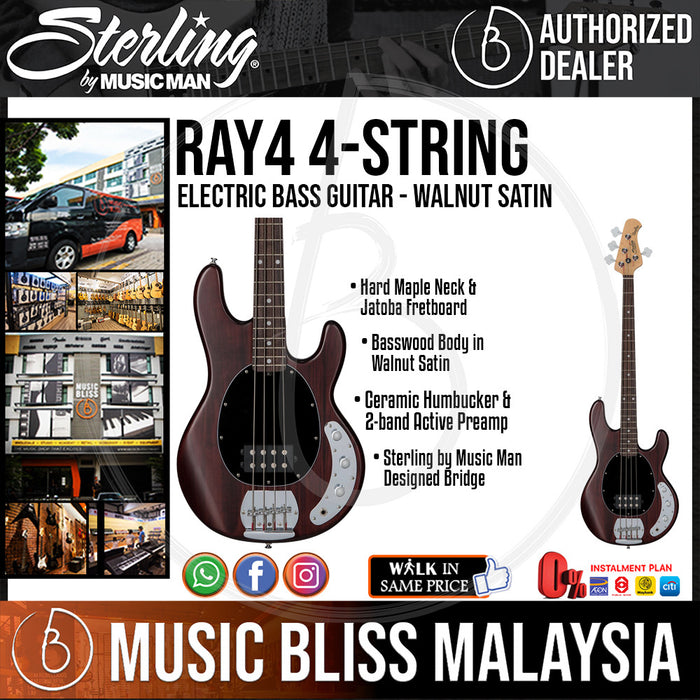 Sterling Ray4 4-String Electric Bass Guitar - Walnut Satin (Ray-4) - Music Bliss Malaysia