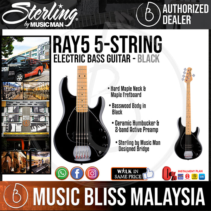 Sterling Ray5 5-String Electric Bass Guitar - Black (Ray-5) - Music Bliss Malaysia
