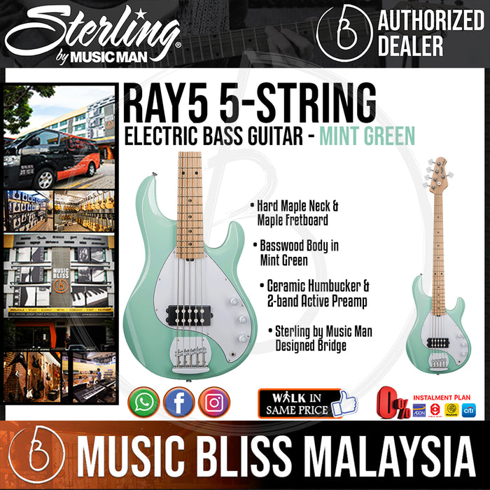 Sterling Ray5 5-String Electric Bass Guitar - Mint Green (Ray-5) - Music Bliss Malaysia