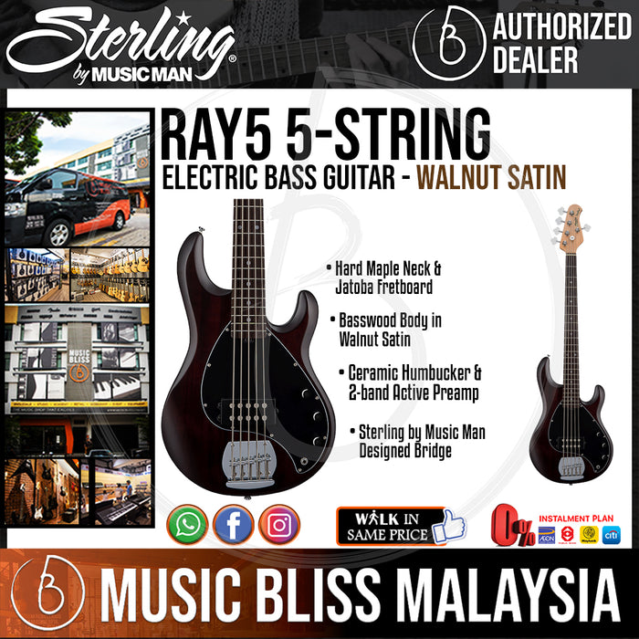 Sterling Ray5 5-String Electric Bass Guitar - Walnut Satin (Ray-5) - Music Bliss Malaysia