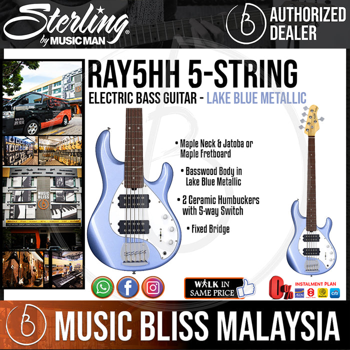 Sterling Ray5HH 5-String Electric Bass Guitar - Lake Blue Metallic (Ray5 HH) - Music Bliss Malaysia