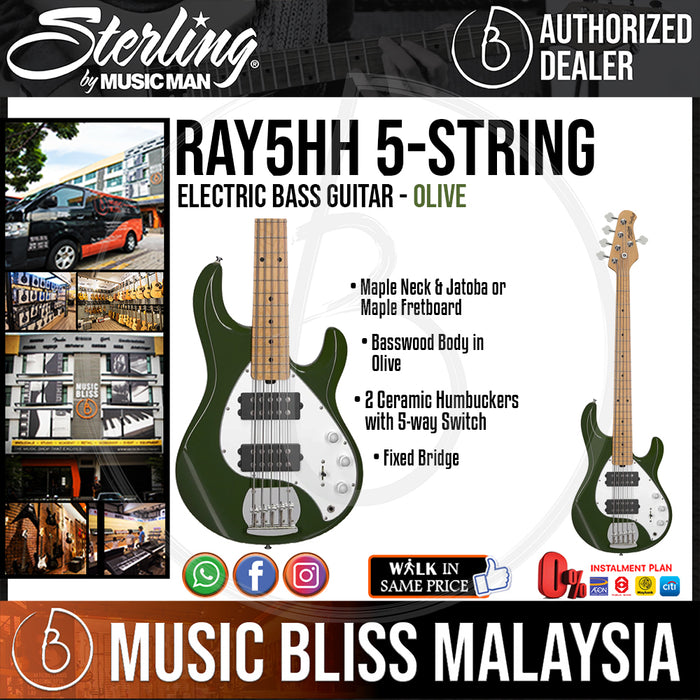 Sterling Ray5HH 5-String Electric Bass Guitar - Olive (Ray5 HH) - Music Bliss Malaysia