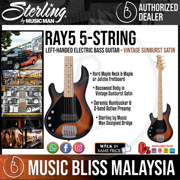 Sterling Ray5 5-String Left-Handed Electric Bass Guitar - Vintage Sunburst Satin (Ray-5) - Music Bliss Malaysia