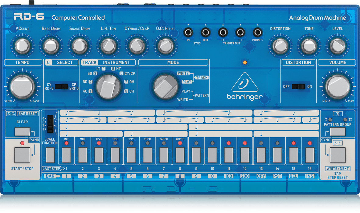 Behringer RD-6-BB Analog Drum Machine - Blue Translucent - Music Bliss Malaysia