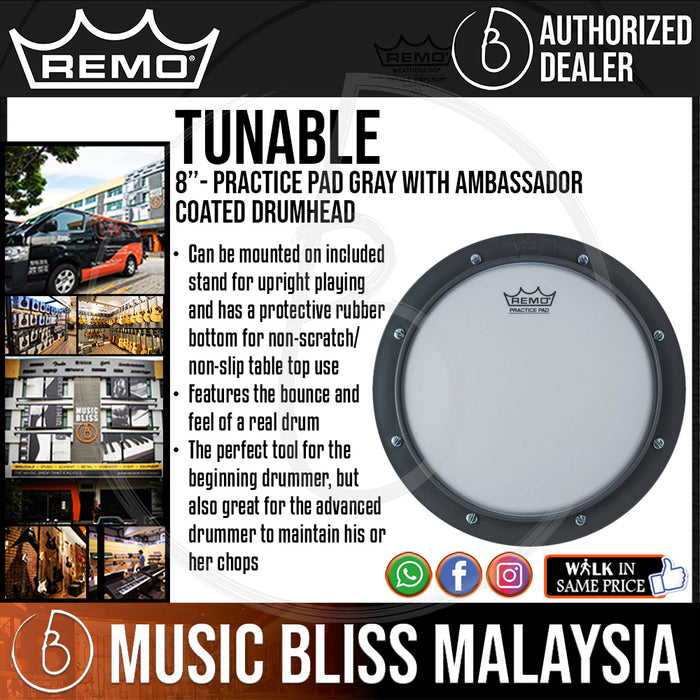 Remo Tunable Practice Pad Gray with Ambassador Coated Drumhead - 8" (RT-0008-00 RT000800 RT 0008 00) - Music Bliss Malaysia