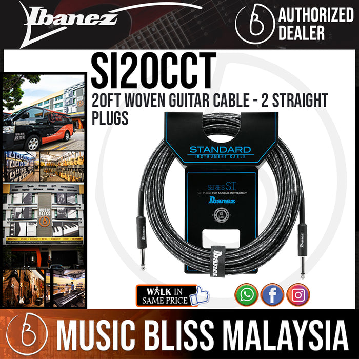 Ibanez SI20 CCT 20ft Woven Guitar Cable - 2 Straight Plugs (Charcoal Grey) (SI20CCT) - Music Bliss Malaysia