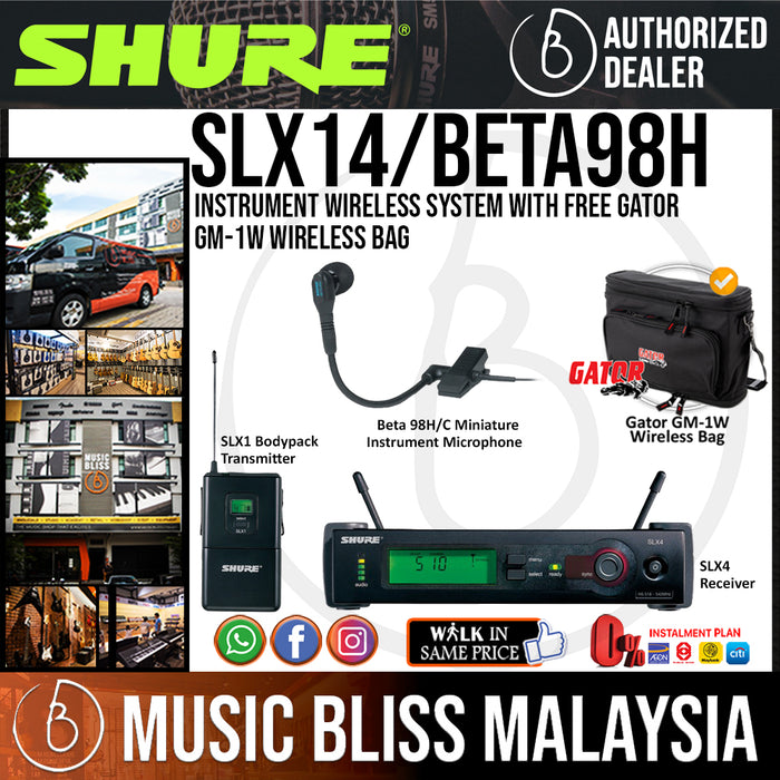 Shure SLX14/BETA98H Instrument Wireless System, SLX4 Wireless Receiver, Shure SLX1 Bodypack Transmitter & WB98HC Clip-On Microphone with Free Gator GM-1W Wireless Bag - Music Bliss Malaysia