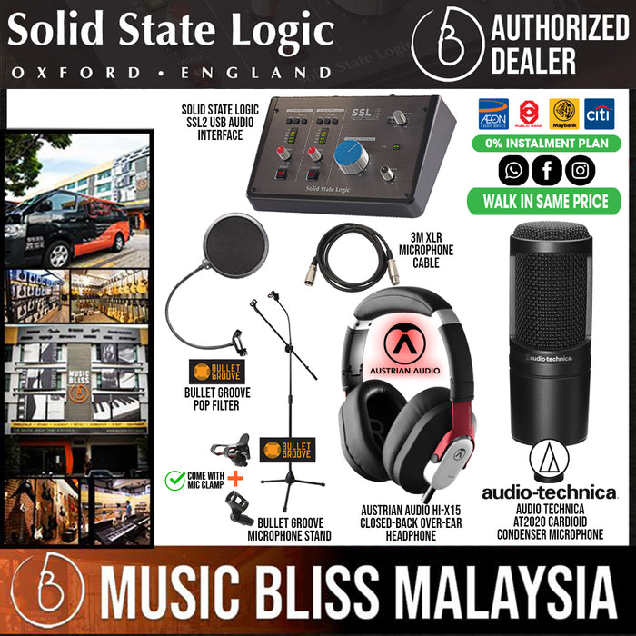 Recording Studio Set/Bundle: SSL2 with Audio Technica AT2020, Austrain Audio Hi-X15, Mic cable, Mic Stand and Pop Filter - Music Bliss Malaysia