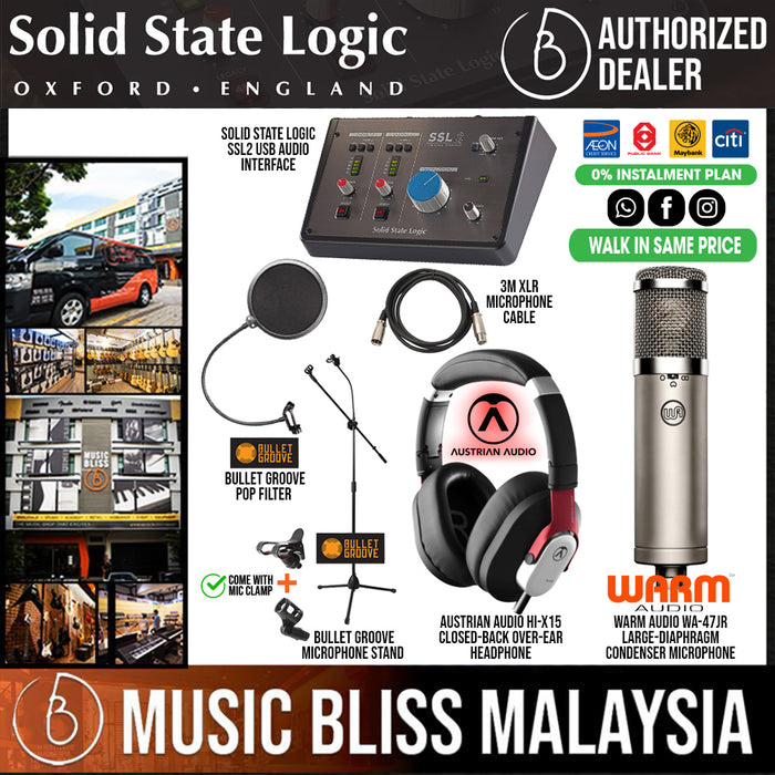 Recording Studio Set/Bundle: Solid State Logic SSL2 with Warm Audio WA-47 JR, Austrain Audio Hi-X15, Mic cable, Mic Stand and Pop Filter - Music Bliss Malaysia
