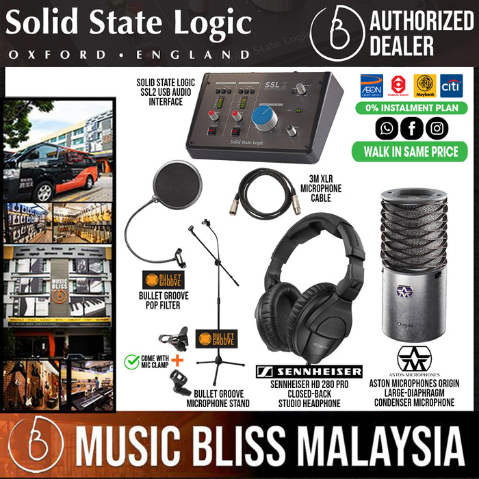 Recording Studio Set/Bundle: Solid State Logic SSL2 with Aston Origin, Beyerdynamic DT240, Mic cable, Mic Stand and Pop Filter - Music Bliss Malaysia