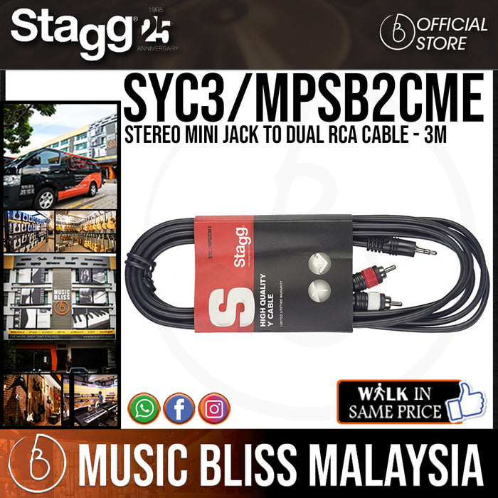 Stagg SYC3/MPSB2CM E Stereo Mini Jack to Dual RCA Cable - 3m (SYC3/MPSB2CME) - Music Bliss Malaysia