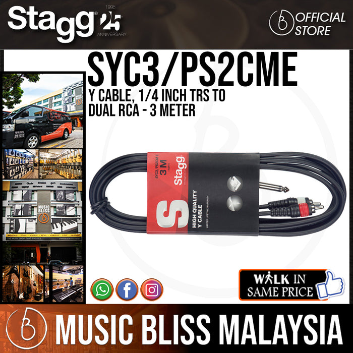 Stagg SYC3/PS2CME Y Cable, 1/4 inch TRS to Dual RCA - 3 Meter (SYC3PS2CME) - Music Bliss Malaysia