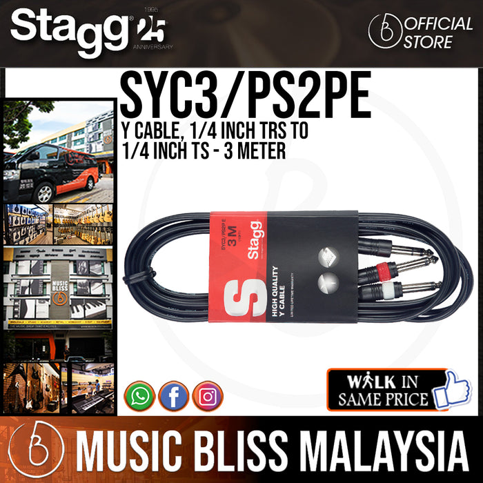 Stagg SYC3/PS2PE Y Cable, 1/4 inch TRS to 1/4 inch TS - 3 Meter (SYC3PS2PE) - Music Bliss Malaysia
