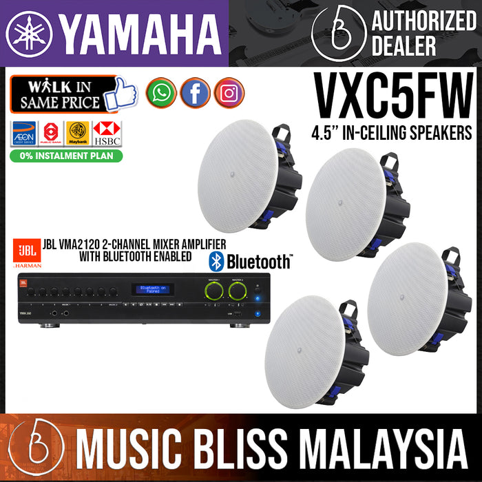 Sound System for Co-working Space, Hospital/Clinic, Conference/Office Room, Art Gallery/Museum & Home, Covers up to 1200 Sqft with 4 Yamaha VXC5FW 4.5" In-Ceiling Speakers, JBL VMA2120 2-Channel USB & Bluetooth Mixer Amplifier - Music Bliss Malaysia