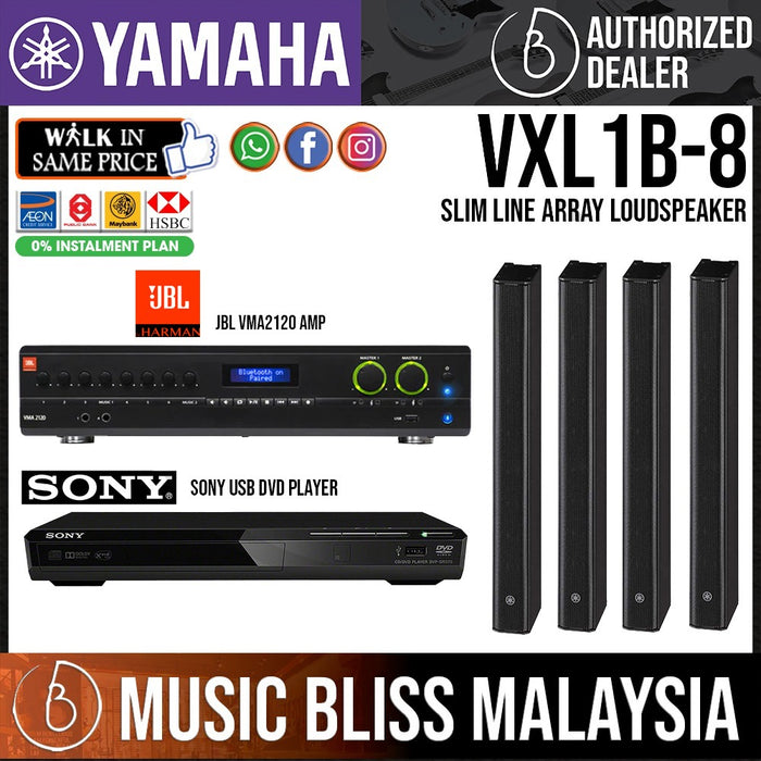 Sound System for Hotel Lounge, Corporate/Office/Co-working space Covers up to 1500 Sqft with 4 Yamaha VXL1B-8 Slim Line Array Loudspeakers, Yamaha MA2120 2-Channel Compact Mixer Amplifier & Sony USB DVD Player - Music Bliss Malaysia